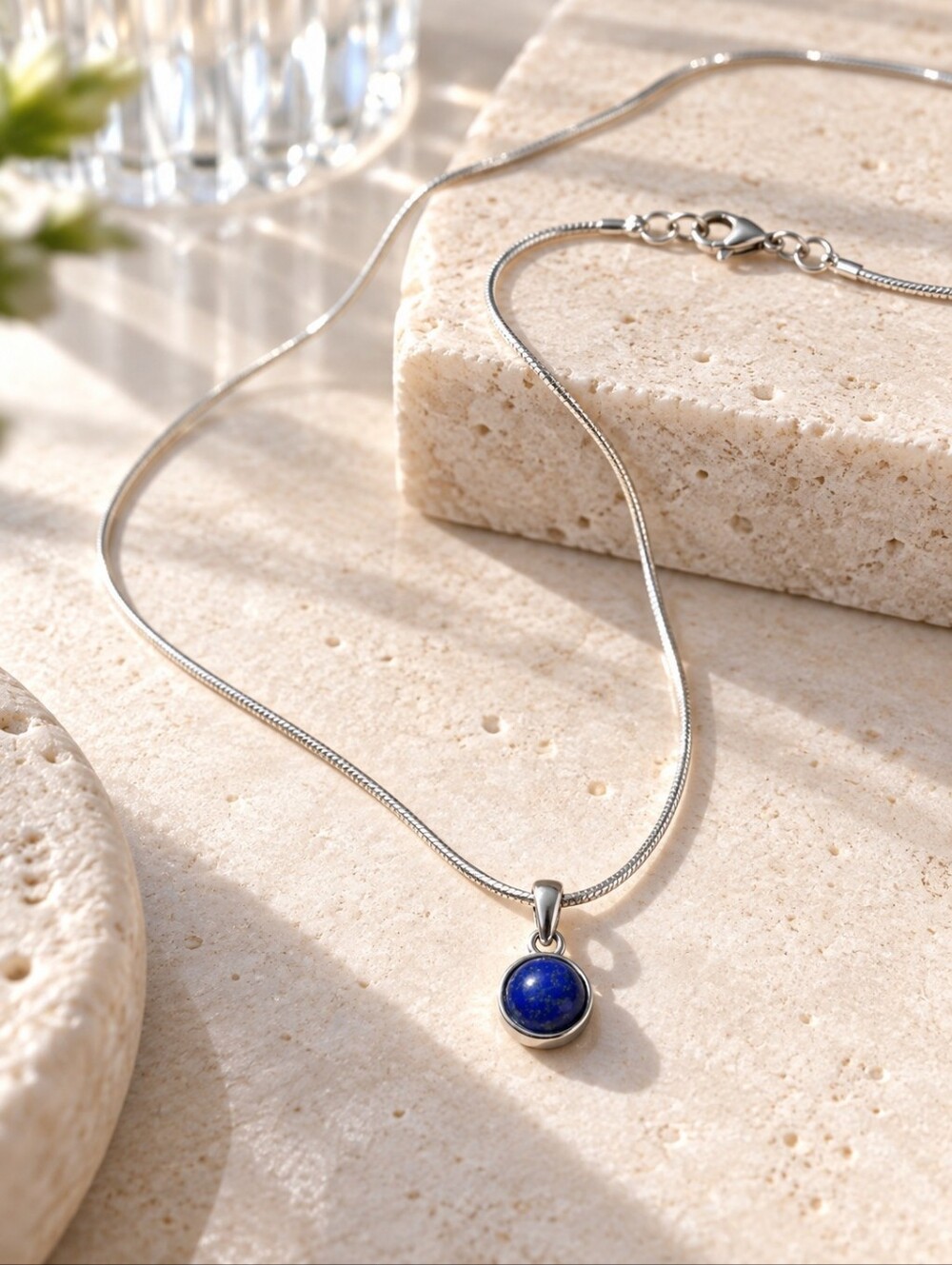 Lapis Lazuli 925 Sterling Silver Round Cabochon Pendant Necklace 17" NIB